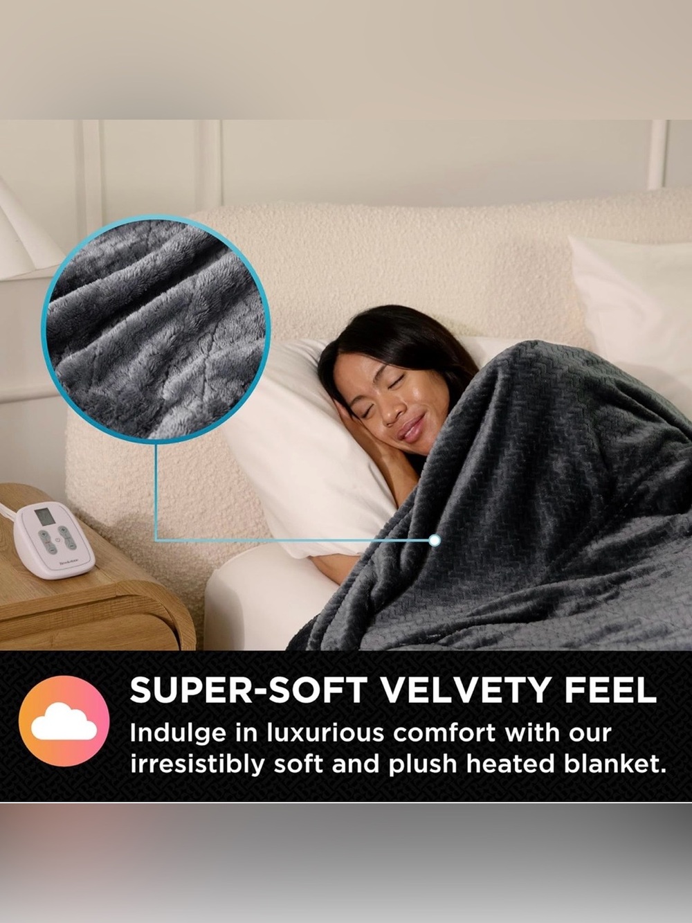 Brookstone Electric Heated Comfort Plush Herringbone Blanket w/ 10 Heat Settings - Picture 3 of 9